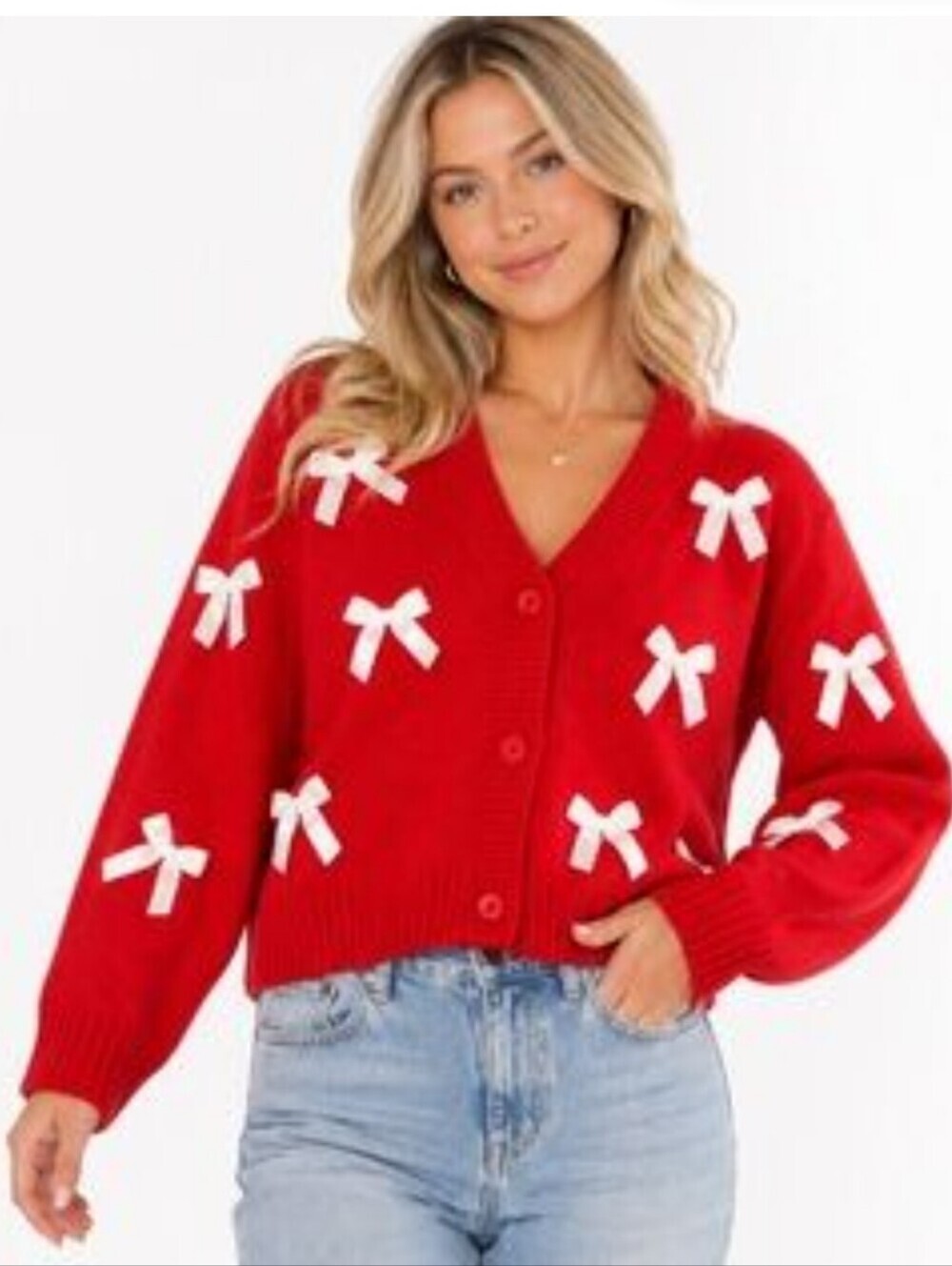Luna Ivy Red With White Bows V Neck Sweater Size Womens XS